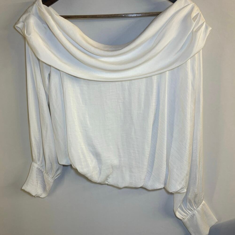 Free People White Satin Off The Shoulder Cowl Neck Blouse Medium Long Sleeve⁠